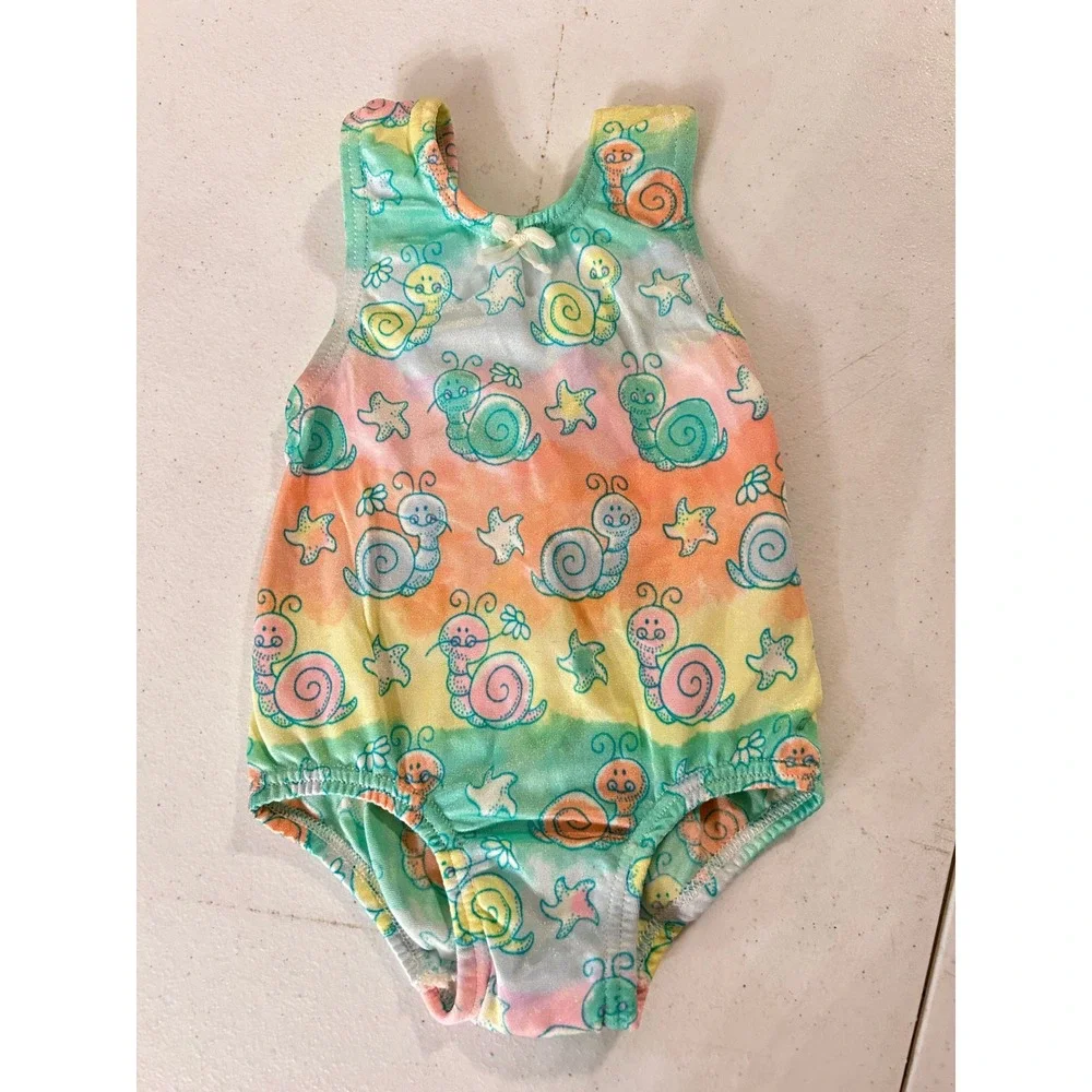 Vintage Baby Girls Rainbow Snail Starfish One Piece Swimsuit Pastel 0-2M